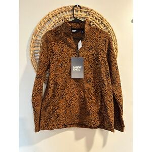 Lands' End Womens Leopard Print Fleece Quarter Zip Pullover brown Black M